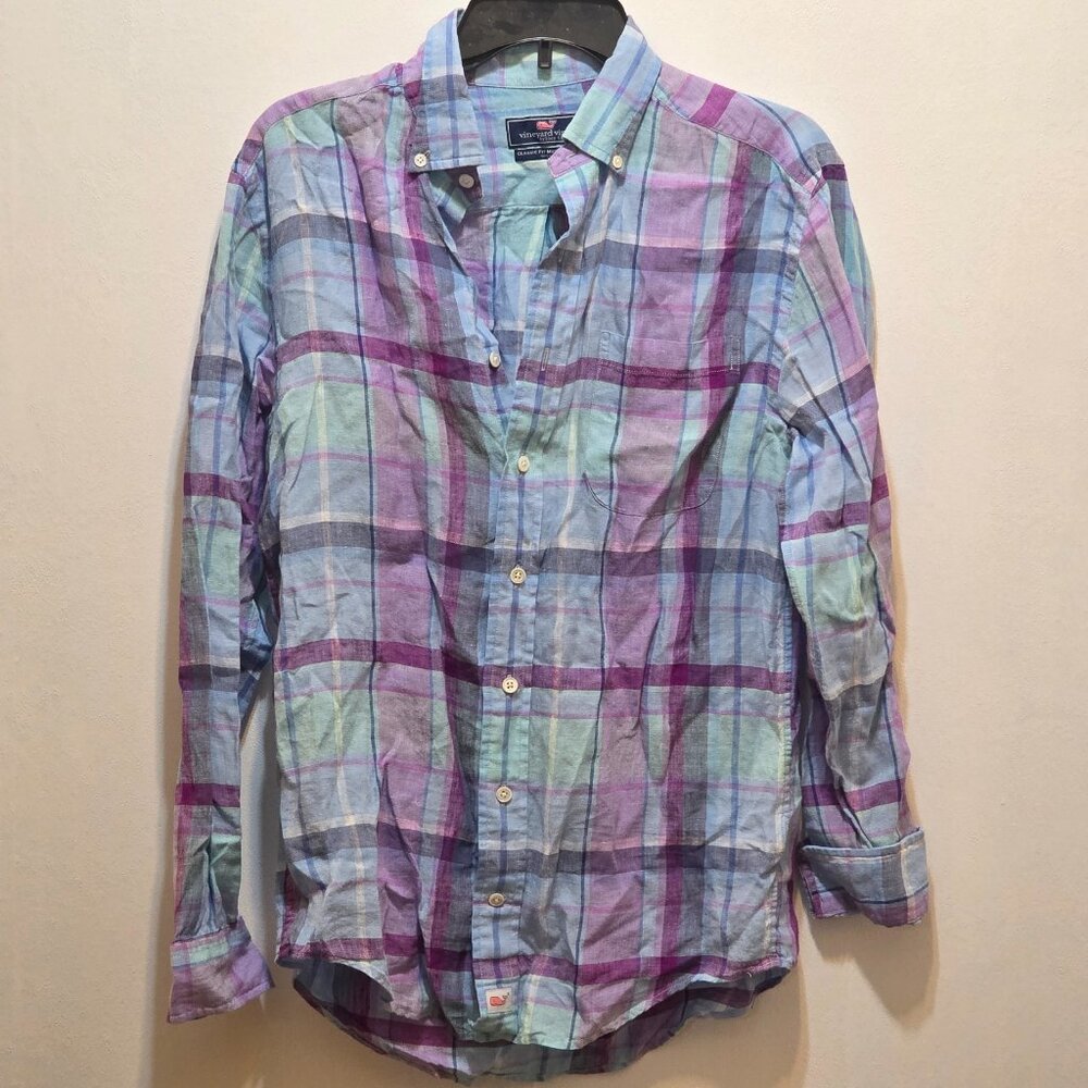 Vineyard Vines Classic Murray Shirt Purple Blue Plaid Linen Button Down Mens S